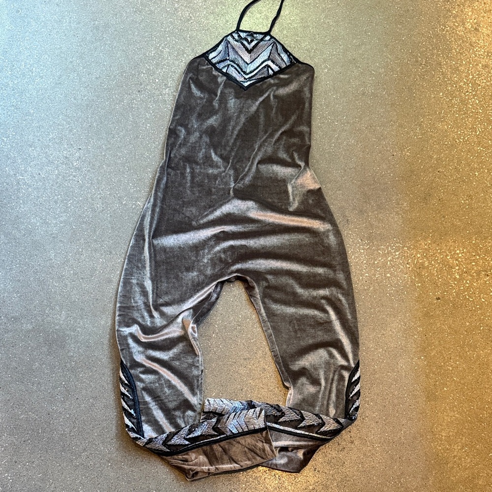 Gray Velvet Halter Jumpsuit with Chevron Details